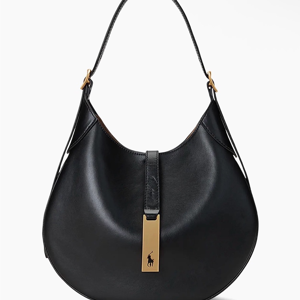 Ralph Lauren Black Leather Crescent Shoulder Bag with Gold Hardware